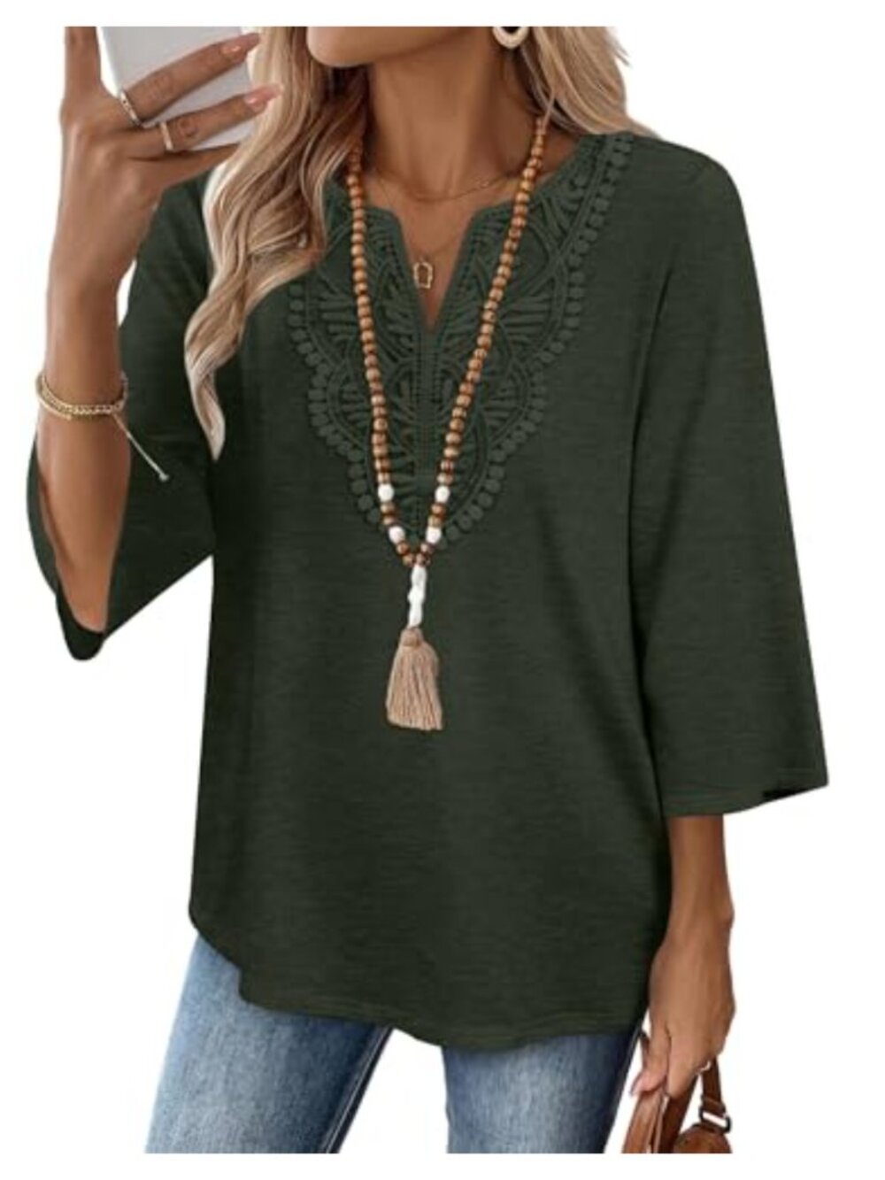 Womens V Neck Lace Top 3/4 Sleeve Blouse Dressy Casual Flowy Pullover Tee